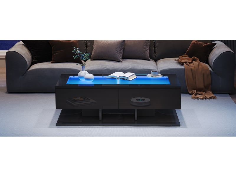  Table basse 100 x 50 cm en laque noire brillante, tiroirs et éclairage led, plateau en verre  - Conforama E