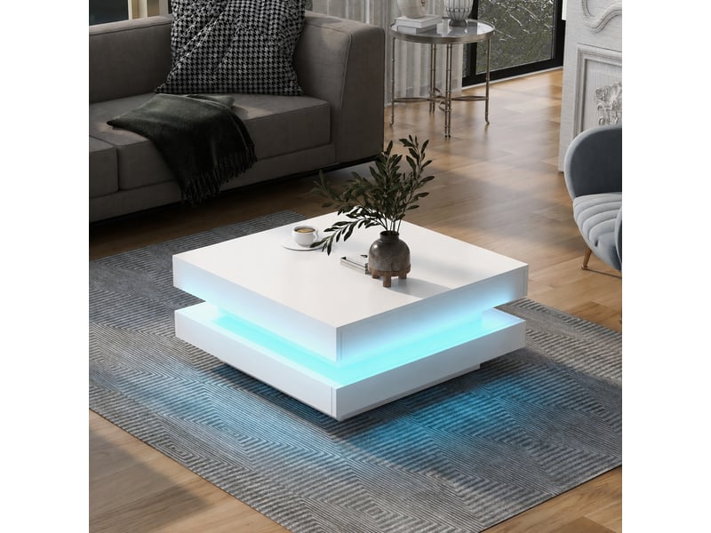  Table basse carrée blanche avec led, plateau rotatif 360°, 70 x 70 x 36 cm  - Conforama B