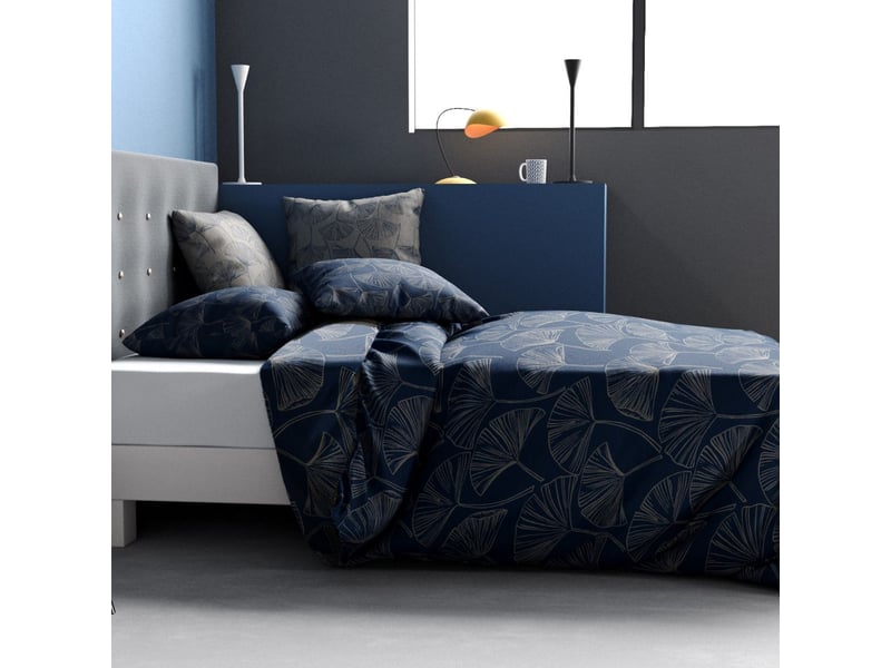  Parure housse de couette 240x220cm + 2 taies motif feuillage ginko bleu et gris 100% coton - edonie EDONIE - Conforama B
