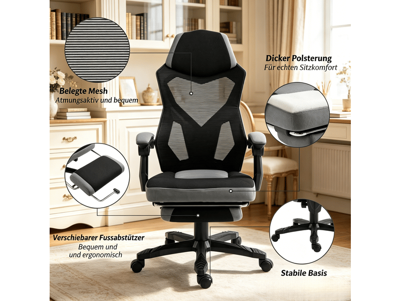  Chaise de bureau ergonomique à dossier haut inclinable avec repose-pieds pliable en maille noir et gris  - Conforama E
