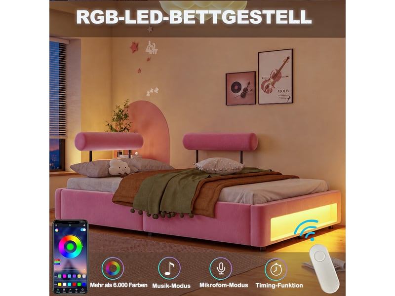 Lit capitonné 140x200 cm avec 2 dossiers réglables 4 positions, éclairage led, velours, rose - Conforama C