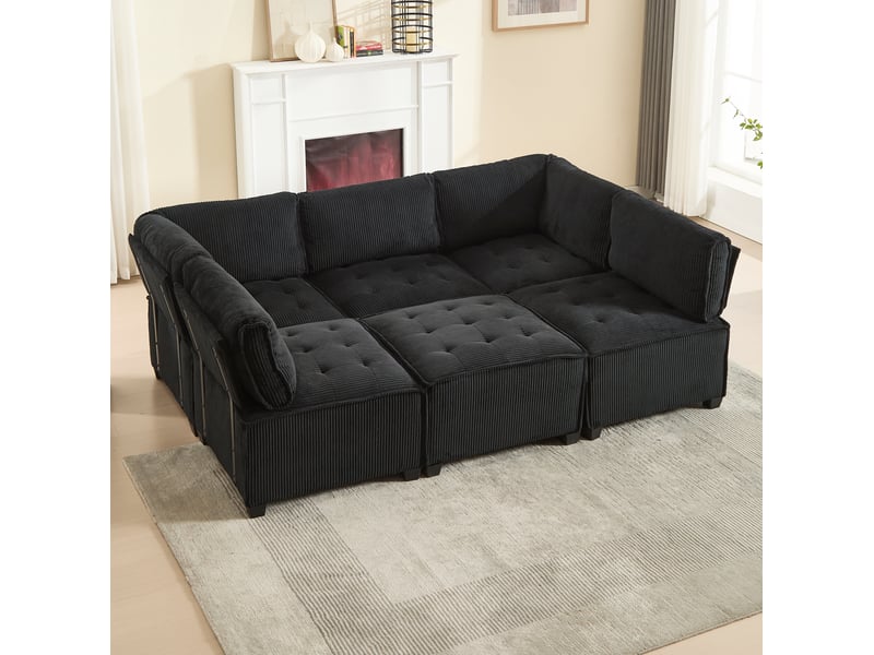  Canapé modulable convertible 6 places en velours côtelé noir, configuration u ou l et poches latérales pratiques  - Conforama B