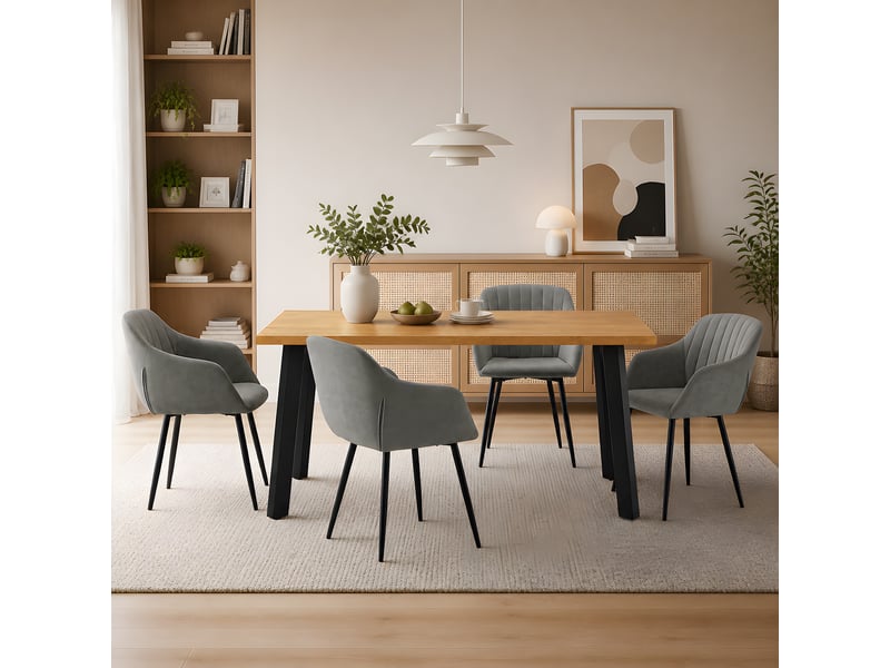  Ensemble table et 4 chaises - table rectangulaire 160x80 cm monobloc en chêne sauvage et pieds métal, 4 chaises en velours gris et pieds métal  - Conforama B