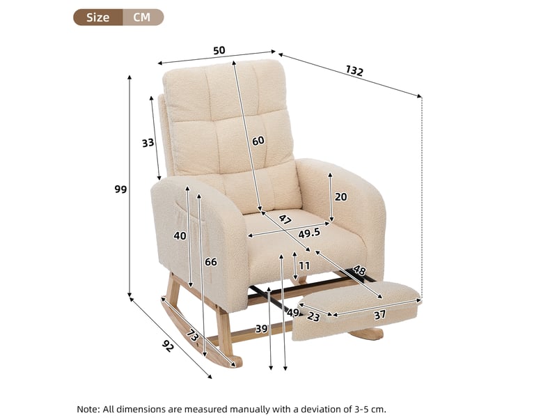  Fauteuil à bascule 132 x 50 x 99 cm beige en tissu bouclé, repose-pieds coulissant et poche latérale  - Conforama C