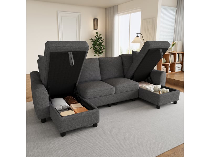 Canapé en u gris, tissu chenille doux - canapé d'angle modulable avec double méridienne, coffre de rangement & coussins pour salon moderne - Conforama B