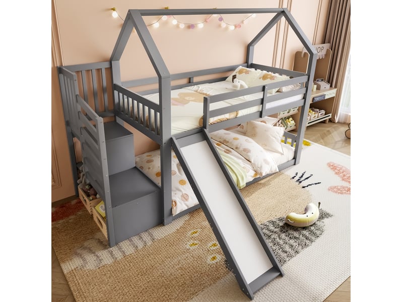  Lit superposé enfant 90x200 cm avec escalier rangement et toboggan gris  - Conforama E