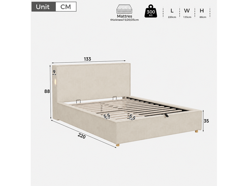  Lit coffre enfant 120x200 cm, lit rembourré avec sommier en chenille beige, sans matelas  - Conforama C