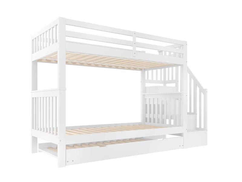  Lit superposé gigogne 90x200 cm avec lit tiroir, escalier de rangement, garde-corps haut,, pin et mdf blanc, sans matelas  - Conforama A
