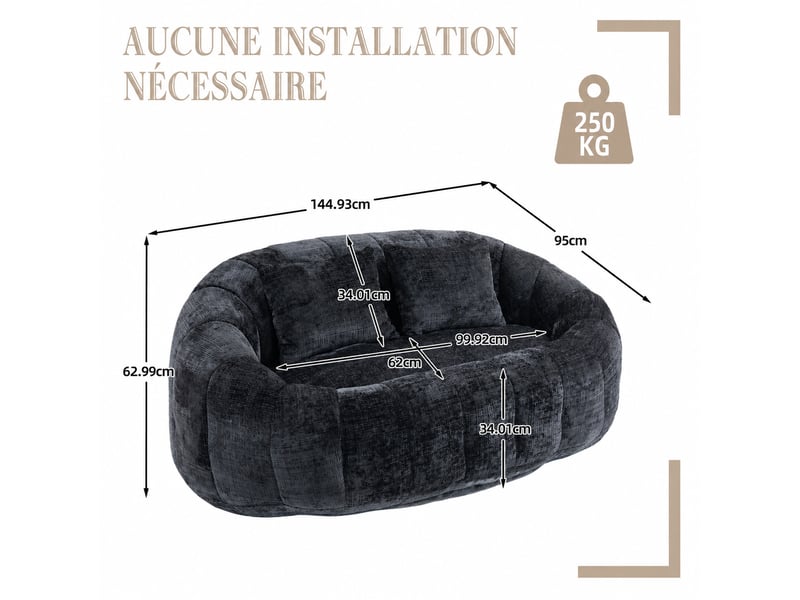  Canapé pouf 2 places lazy - 150 x 95 x 63 cm - avec 2 coussins et mousse à mémoire - chenille noir  - Conforama C