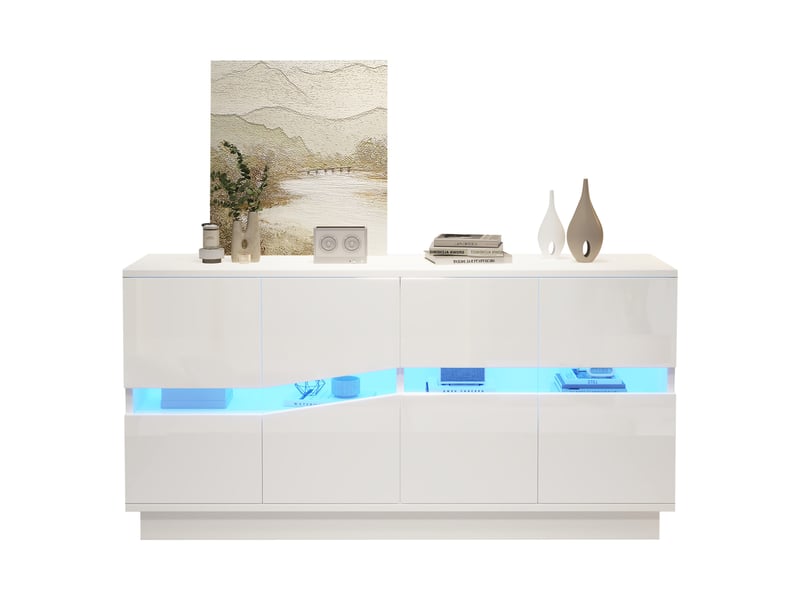 Buffet led 140x35x70 cm - 4 portes push-to-open et étagères réglables - meuble de rangement cuisine et salon - blanc CozyNest - Conforama A