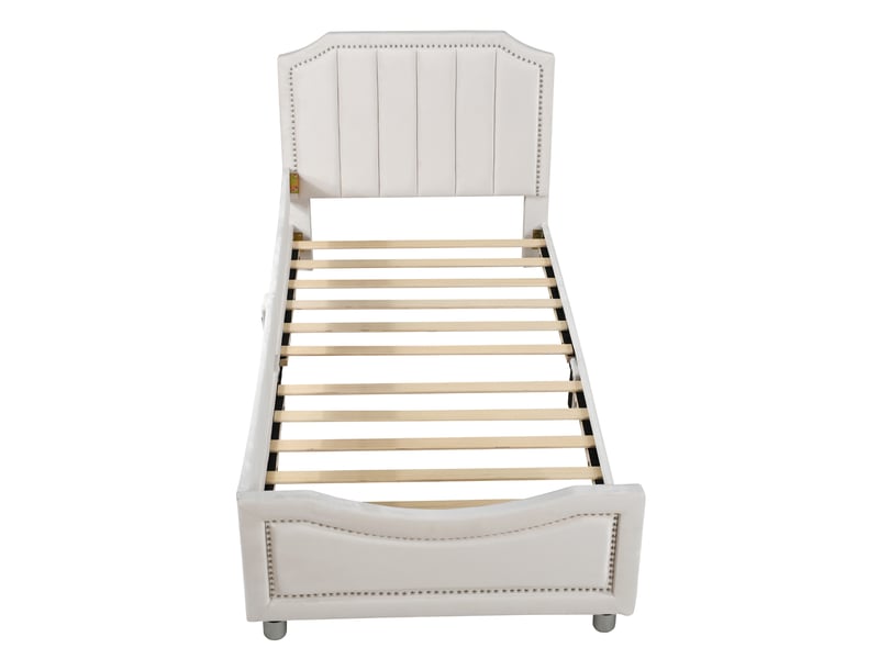  Lit rembourré tcqpz 90 x 200 cm avec tête et pied de lit flanelle mdf métal beige  - Conforama E