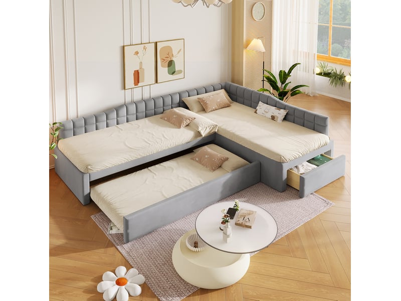  Lit gigogne 90x200 cm + 90x200 cm + 90x190 cm avec tiroirs en mdf et flanelle gris  - Conforama C