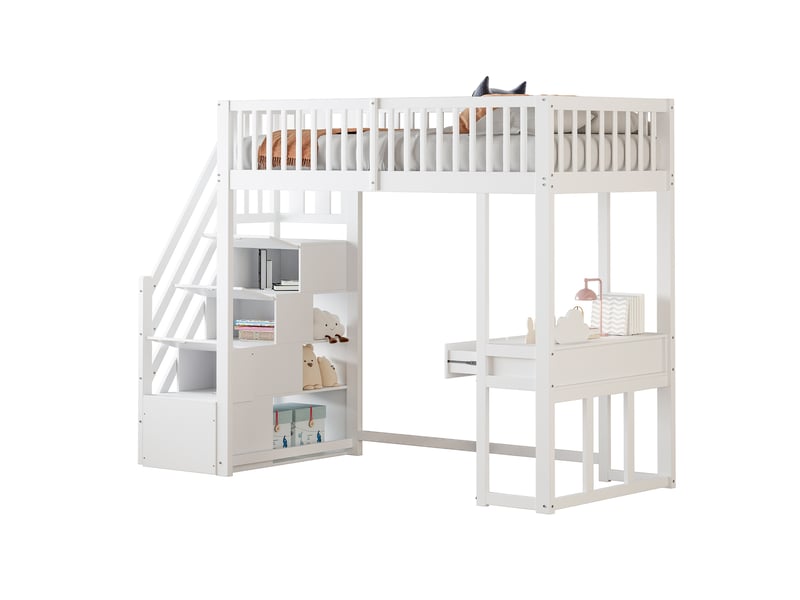  Lit mezzanine, 90x200 cm, lit en hauteur, avec bureau, escalier de rangement, matelas non inclus, bois, coloris blanc  - Conforama A