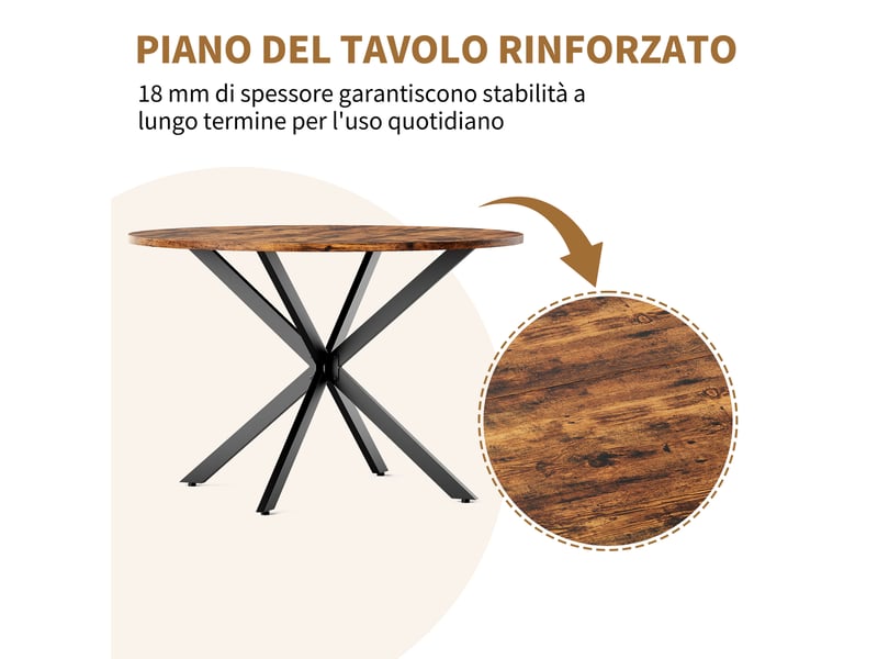  Table à manger ronde, 120x78 cm, salle à manger et pratique, plateau aggloméré et bois, piètement métal, coloris marron  - Conforama E