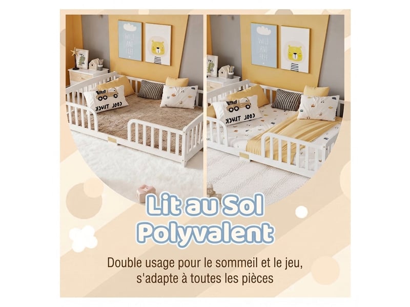  Lit au sol enfant 140x200 cm avec barrière de sécurité - lit montessori blanc en bois de pin  - Conforama E