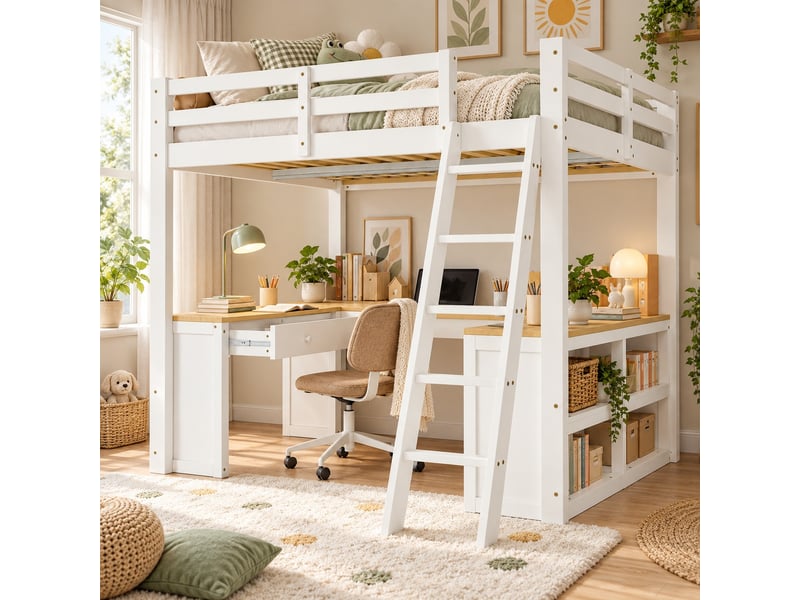 Lit mezzanine enfant 140 x 200 cm avec grand bureau en u, 2 tiroirs, étagère et échelle inclinée, blanc et naturel - Conforama E