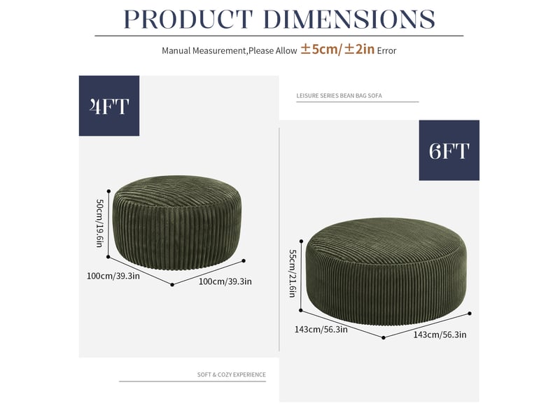  Fauteuil poire tcqpz rond 143 x 143 x 55 cm en velours côtelé vert à mousse à mémoire de forme  - Conforama C