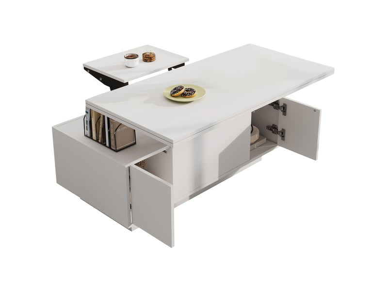  Table basse 100x50x55cm, table de salon avec levage double, espace de rangement caché, 2 portes, aggloméré, blanc  - Conforama A