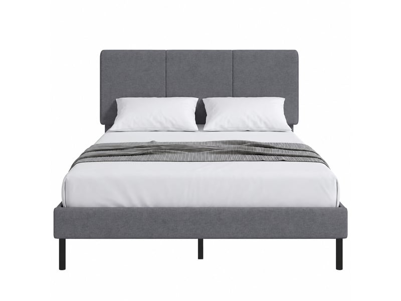  Cadre de lit 140 x 200 cm, lit rembourré en tissu aspect lin gris foncé, tête de lit réglable, 12 lattes  - Conforama A