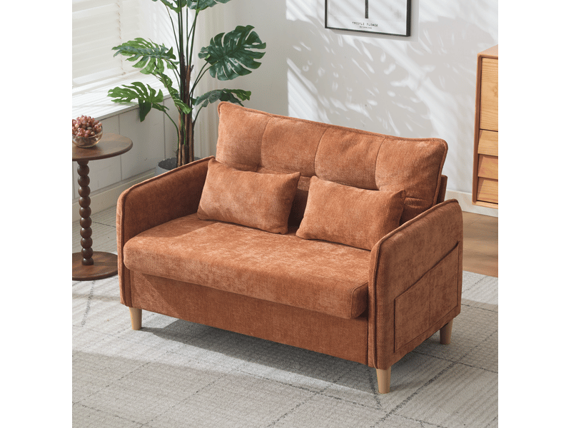 Canapé 2 places 127x75,5x83 cm en bois marron, accoudoirs, coussins moelleux, poches latérales, tissu chenille - Conforama E