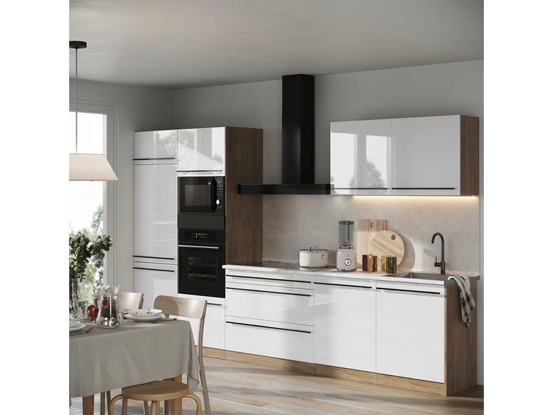  Vicco cuisine, blanc haute brillancechêne doré, 340cm plan de travail chêne doré  - Conforama C