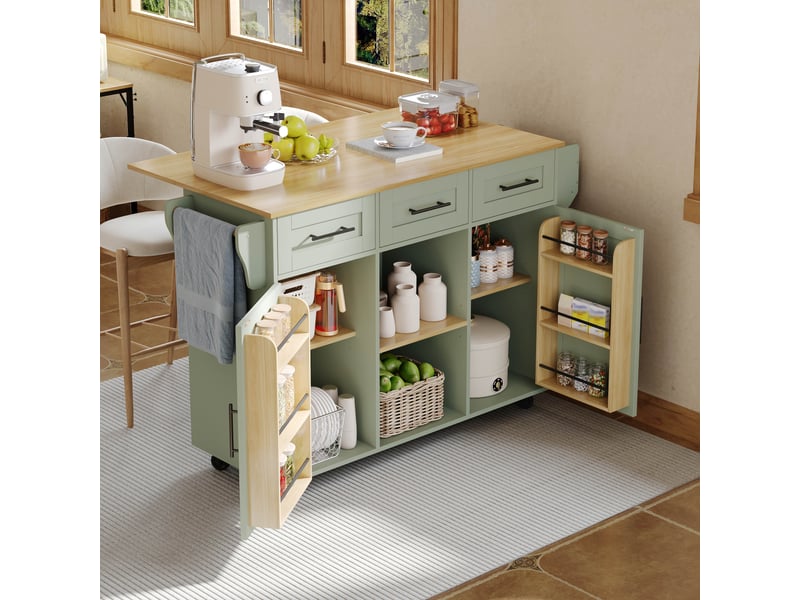  Îlot de cuisine vert antique desserte sur roulettes avec plateau rabattable 139cm chariot de rangement mdf  - Conforama C