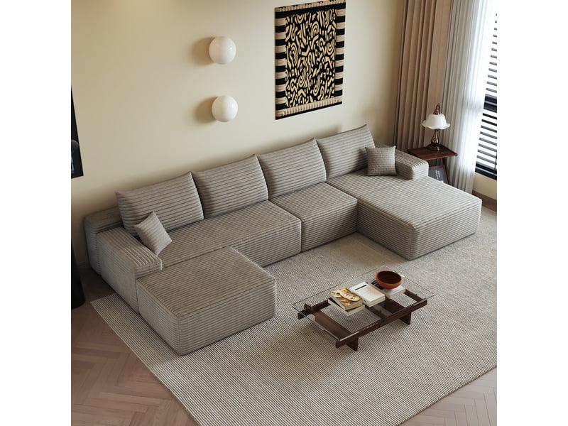  Canapé d'angle  modulaire ,5 places, avec méridienne en l, assise profonde ,340 × 175 ×83cm, camel  - Conforama D