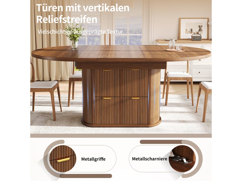 Table à manger ovale extensible 118-158x118 cm pour 4 à 6 personnes, rangement caché, 2 portes rabattables, 2 tiroirs, façade rainurée, brun foncé - Conforama E