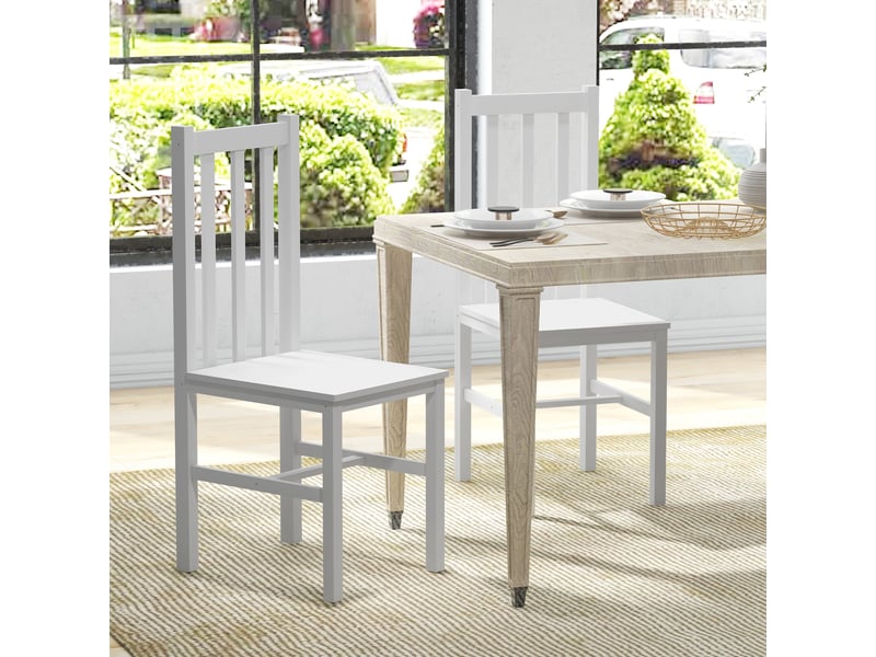  Ensemble de 2 chaises de salle à manger avec dossier haut, structure à lattes et cadre en pin, 38,5 x 47,5 x 99 cm, blanches  - Conforama D