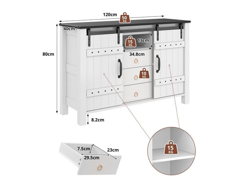  Buffet avec 2 portes coulissantes et 3 tiroirs pour cuisine en mdf 120×40×80 cm blanc  - Conforama E