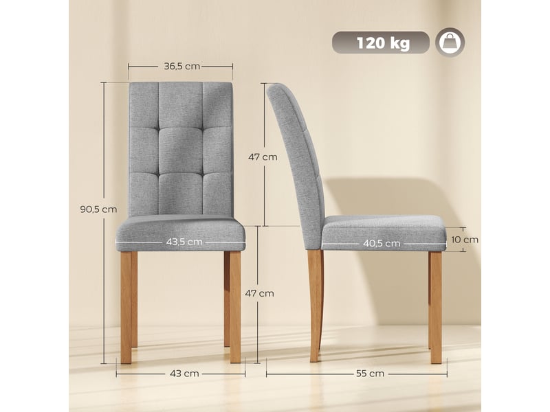  Lot de 2 chaises de salle à manger, chaise de cuisine moderne avec siège rembourré en tissu effet lin, gris clair  - Conforama E