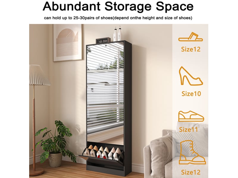 Meuble à chaussures à 5 abattants avec miroir et rangement double niveau pour entrée en mdf noir 63 × 23,6 × 185 cm - Conforama D