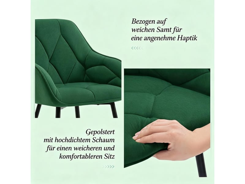  Chaises de salle à manger lot de 2 avec accoudoirs et dossier ergonomique  - pieds métal, velours - vert foncé  - Conforama E