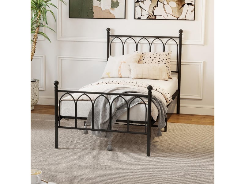  Tcqpz lit simple 90x200 cm en métal noir avec sommier à lattes, sans matelas  - Conforama D