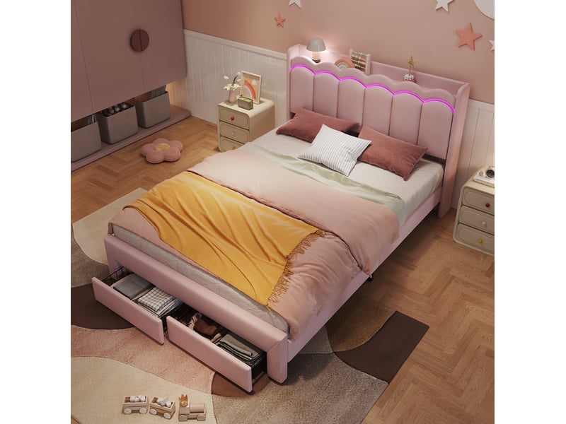  Lit enfant 140x200 cm avec led, étagère et 2 tiroirs, en velours rose, sans matelas  - Conforama W