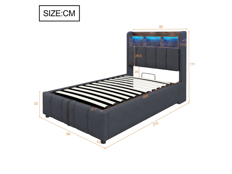 Lit enfant 90x200 cm en tissu gris, led, usb, tête de lit avec rangements et coffre hydraulique - Conforama C