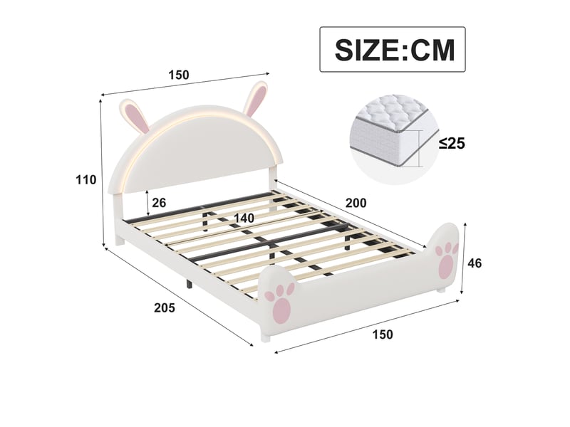  Lit enfant tête de lit lapin 140x200 cm coloris beige  - Conforama E