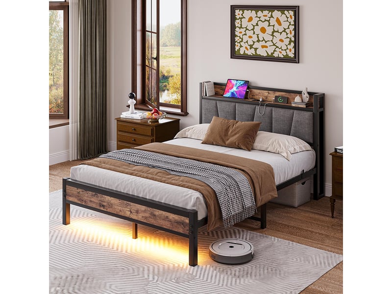Lit double 140x190 cadre lit éclairage led intelligent tête lit recharge usb plateforme lattes métal ultra-résistantes facile brun antique  - Conforama E