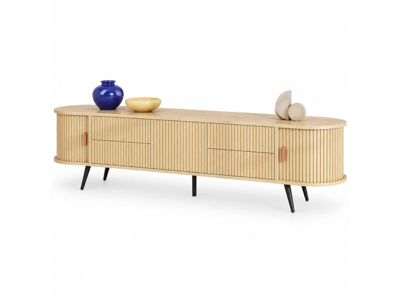  Meuble tv ovale naturel 180 x 40 x 45 cm avec 4 tiroirs et porte à enroulement  - Conforama A