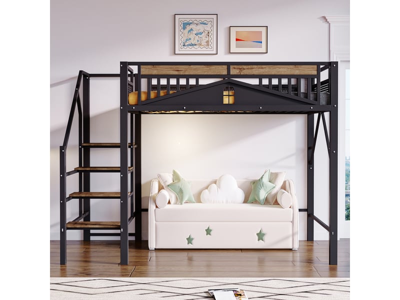  Lit mezzanine 140x200cm coloris noir métal et bois massif lit enfant noir - Conforama D