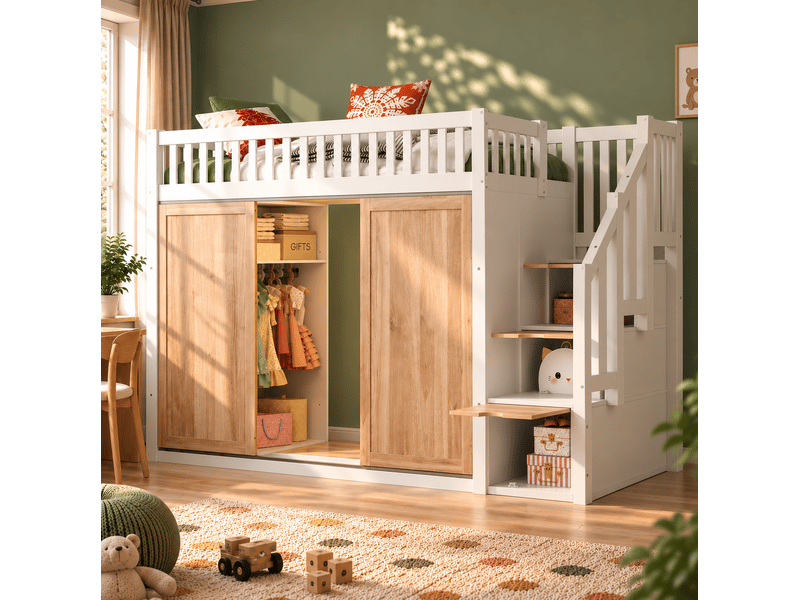  Lit mezzanine enfant 90x200 cm, avec armoire, escalier de rangement, led, sommier, bois, blanc et chêne, sans matelas  - Conforama B