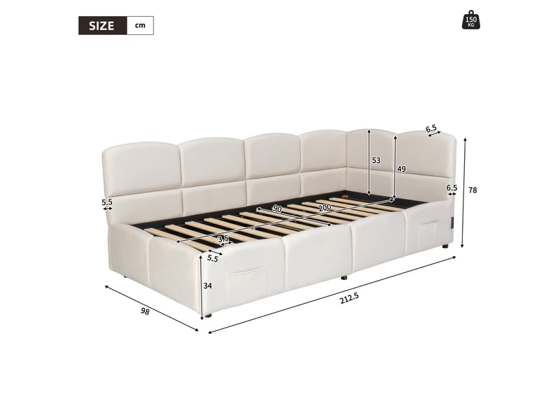  Lit coffre 90x200 cm avec sommier à lattes et ports usb, velours beige  - Conforama E
