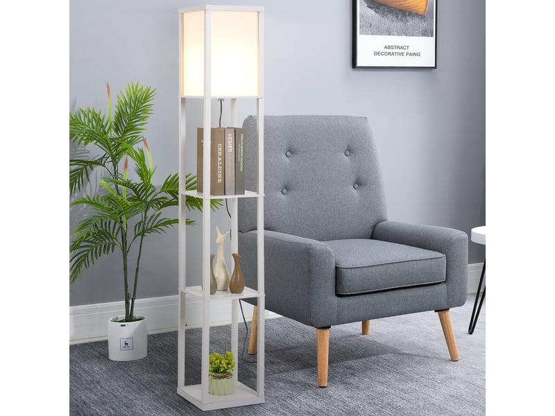  Lampadaire avec compartiments de rangement, lampe moderne en bois, ampoule e27, pour salon, chambre, bureau, blanc  - Conforama D