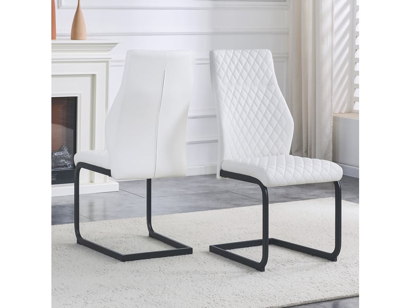 Lot de 2 chaises de salle à manger 43x63x100 cm, chaise cuisine avec dossier haut motif losange, blanc et noir, pu+métal  - Conforama B