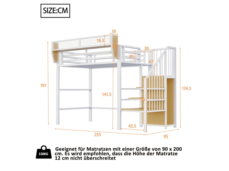  Lit mezzanine enfant 90x200 cm – blanc – échelle de sécurité, étagère modulable, gain de place – sans matelas  - Conforama C