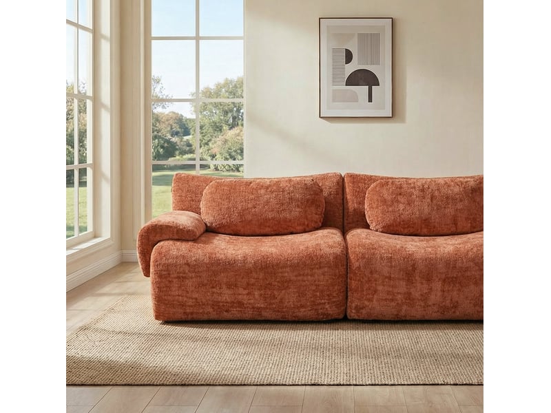 Canapé droit 3 places 288x101x69 cm orange en chenille, design ondulé, assise en mousse et larges accoudoirs - Conforama D