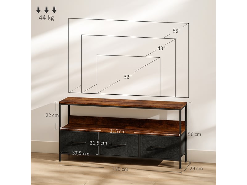  Meuble tv, meuble télé pour téléviseur jusqu'à 55 pouces avec 3 tiroirs et pieds en acier 120 x 29 x 56 cm brun rustique  - Conforama C