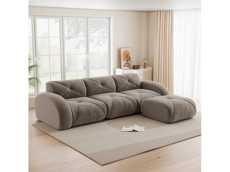  Canapé modulaire 3 places en chenille taupe avec pouf, configuration en l  - Conforama D