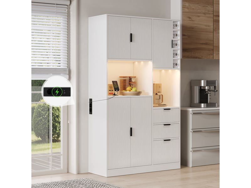  Buffet de cuisine haut 180x105x40 cm, meuble rangement grande capacité avec 3 tiroirs, étagères modulables et éclairage led intégré pour salle à manger spacieuse  - Conforama R