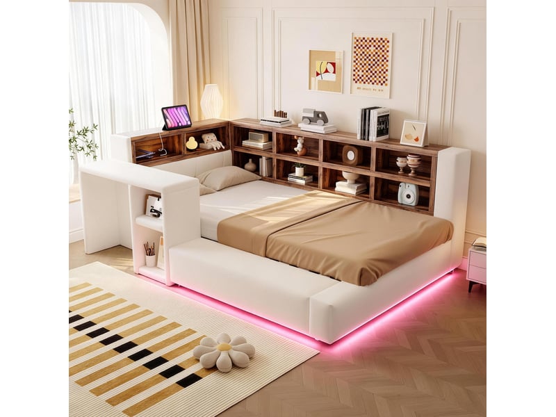  Lit avec tête de lit rembourrée modenvie 90 x 200 cm avec rangements, éclairage led, prises intégrées et banquette beige  - Conforama E